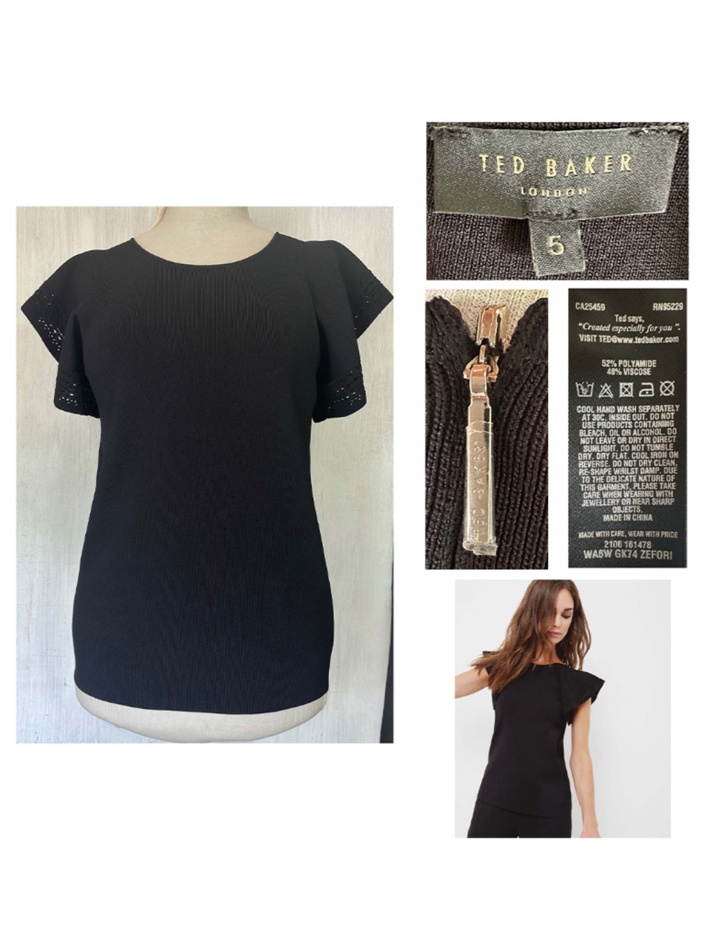Ted Baker Size 5 Black ZEFORI Frilled Knitted Top Women US 12 EUC